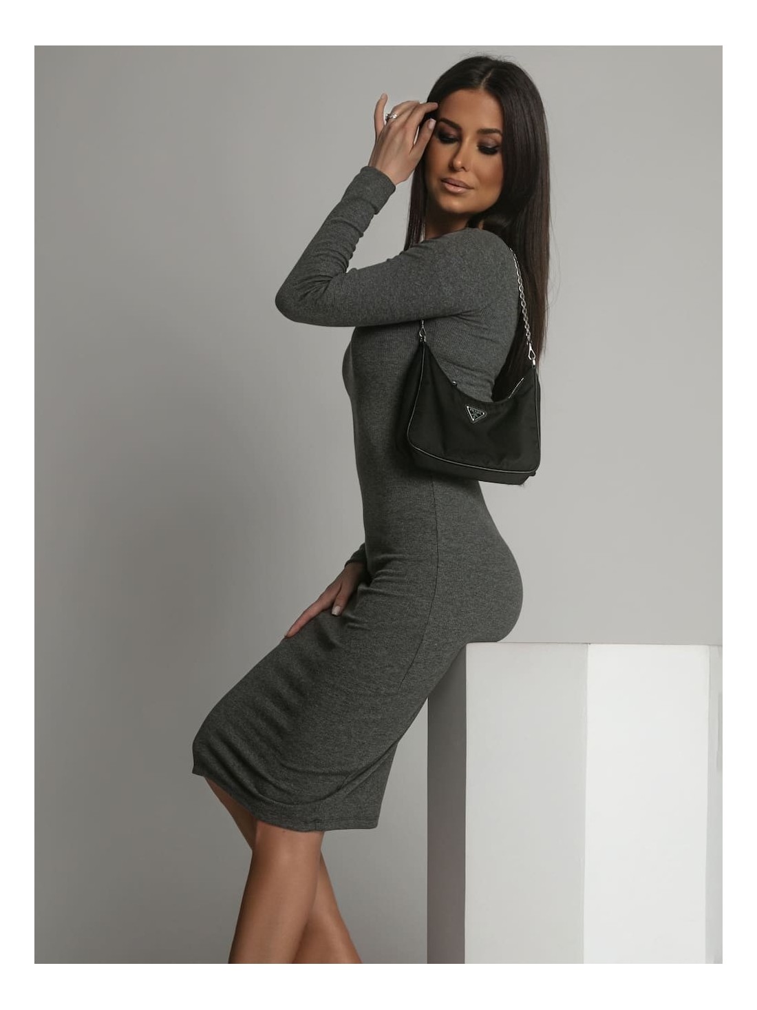 Basic striped dress with long sleeves, graphite FG548 - Online store - Boutique